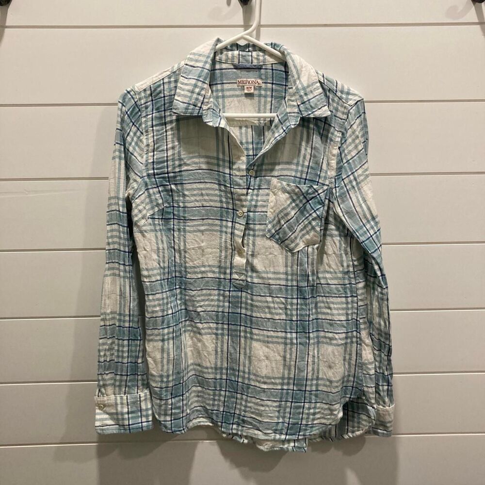 Merona Aqua & Blue Plaid Long Sleeve Flannel Button-Up-Size Medium-GUC FallStyle